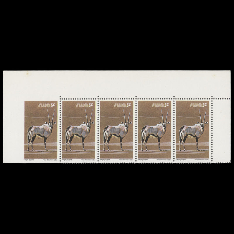 South West Africa 1980 (Error) 5c Oryz Gazella strip, left stamp imperf