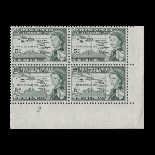 Trinidad & Tobago 1958 (MNH) 5c West Indies Federation plate 2 block