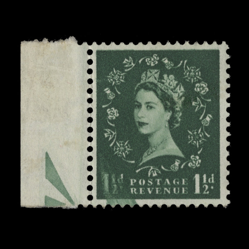 Great Britain 1952 (Variety) 1½d Green with blade flaw, Tudor crown watermark