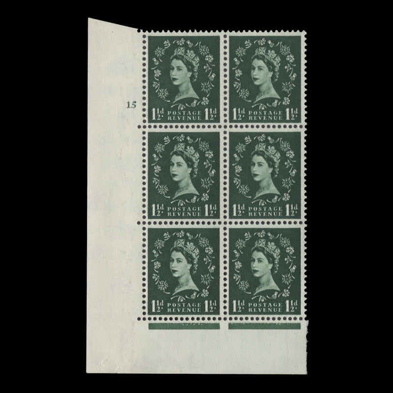 Great Britain 1960 (MNH) 1½d Green cylinder 15 block, multiple crowns