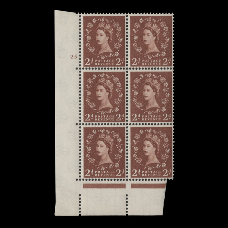 Great Britain 1958 (MNH) 2d Light Red-Brown cylinder 25 block, multiple crowns