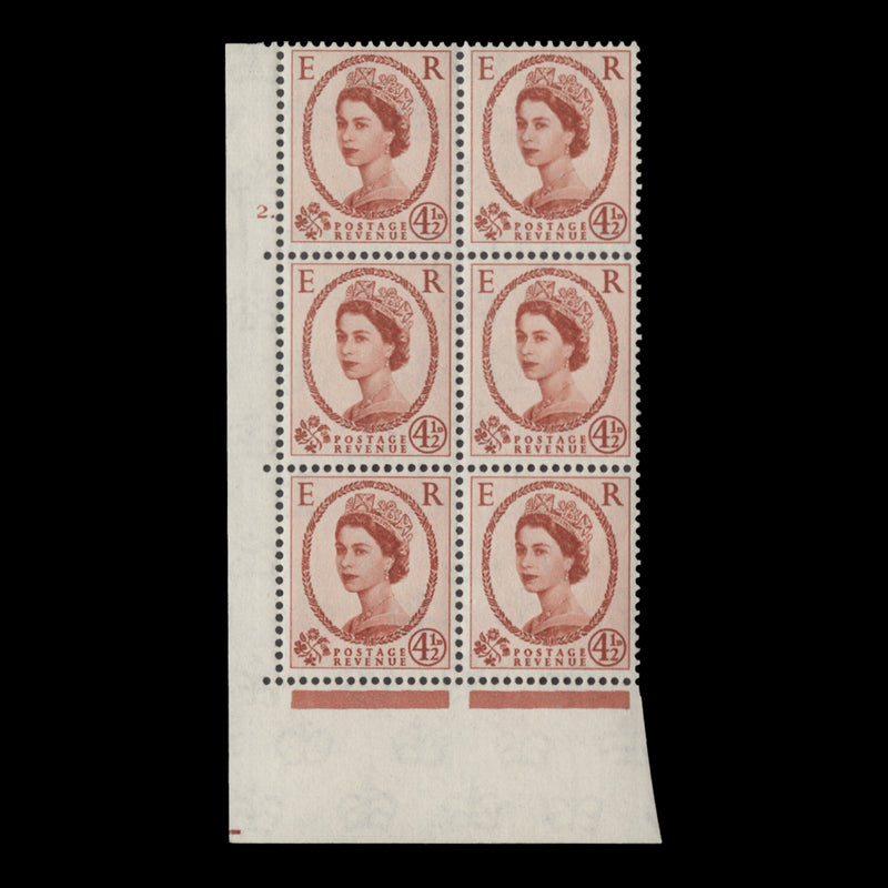 Great Britain 1959 (MNH) 4½d Chestnut cylinder 2. block, multiple crowns