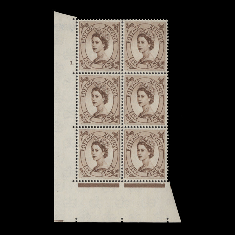 Great Britain 1958 (MLH) 5d Brown cylinder 1. block, multiple crowns