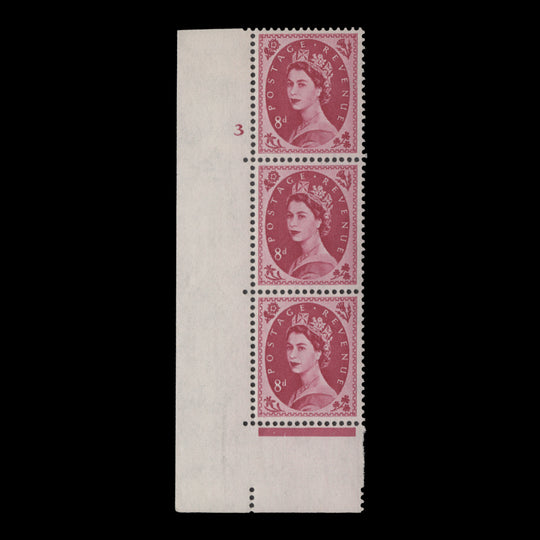 Great Britain 1960 (MLH) 8d Magenta cylinder 3 strip, multiple crowns