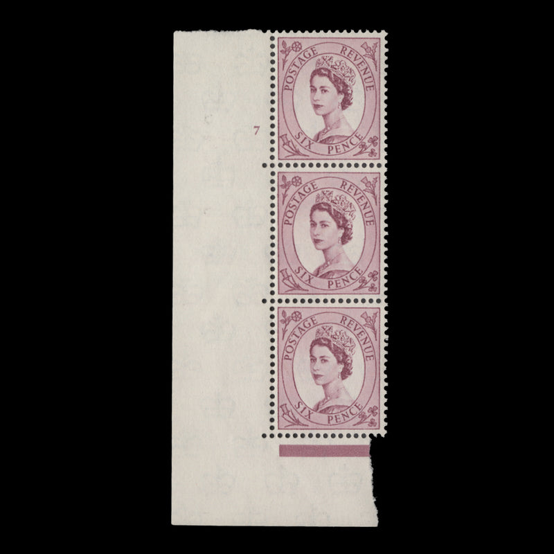 Great Britain 1958 (MLH) 6d Purple cylinder 7 strip, multiple crowns
