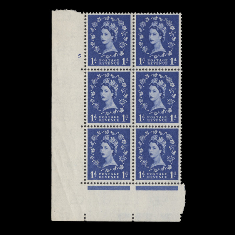 Great Britain 1959 (MNH) 1d Ultramarine cylinder 5 block, multiple crowns