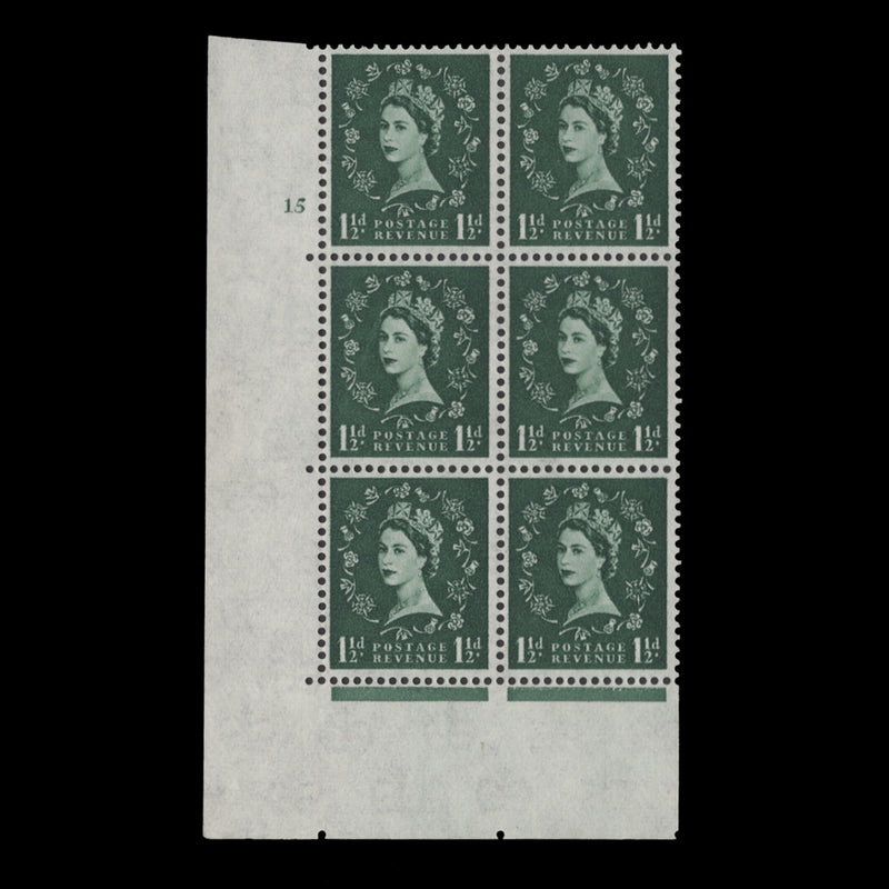 Great Britain 1962 (MNH) 1½d Green cylinder 15 block, multiple crowns