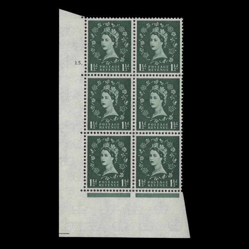 Great Britain 1962 (MNH) 1½d Green cylinder 15. block, multiple crowns