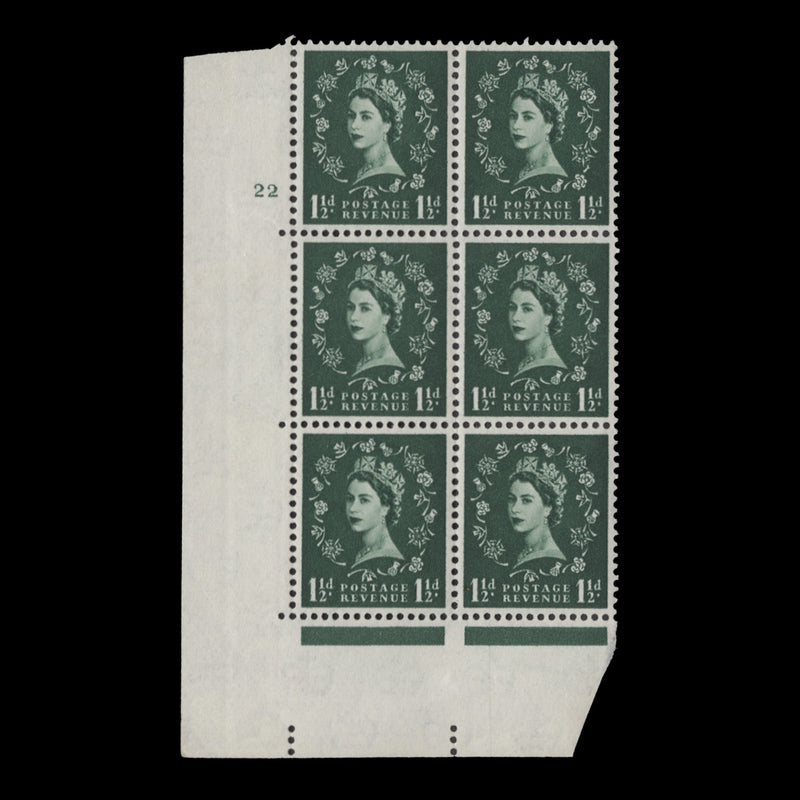 Great Britain 1962 (MNH) 1½d Green cylinder 22 block, multiple crowns