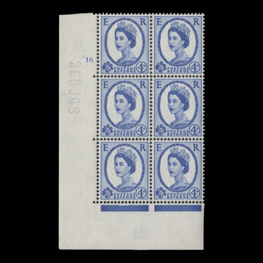 Great Britain 1965 (MNH) 4d Deep Ultramarine cylinder 16 block, multiple crowns
