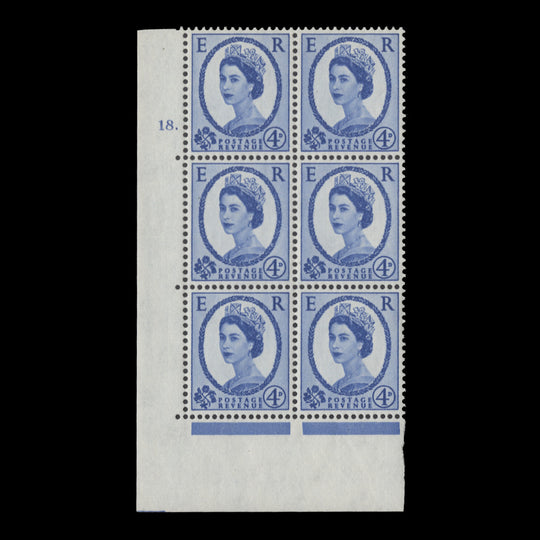 Great Britain 1965 (MNH) 4d Deep Ultramarine cylinder 18. block, multiple crowns