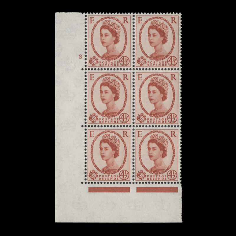 Great Britain 1962 (MNH) 4½d Chestnut cylinder 8 block, multiple crowns