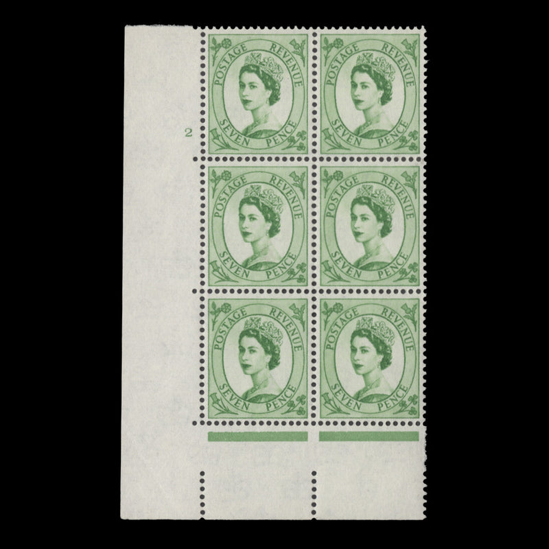 Great Britain 1962 (MNH) 7d Bright Green cylinder 2 block, multiple crowns
