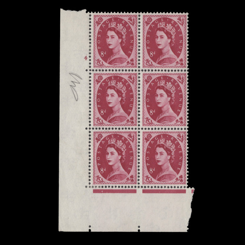 Great Britain 1962 (MLH) 8d Magenta cylinder 4 block, multiple crowns