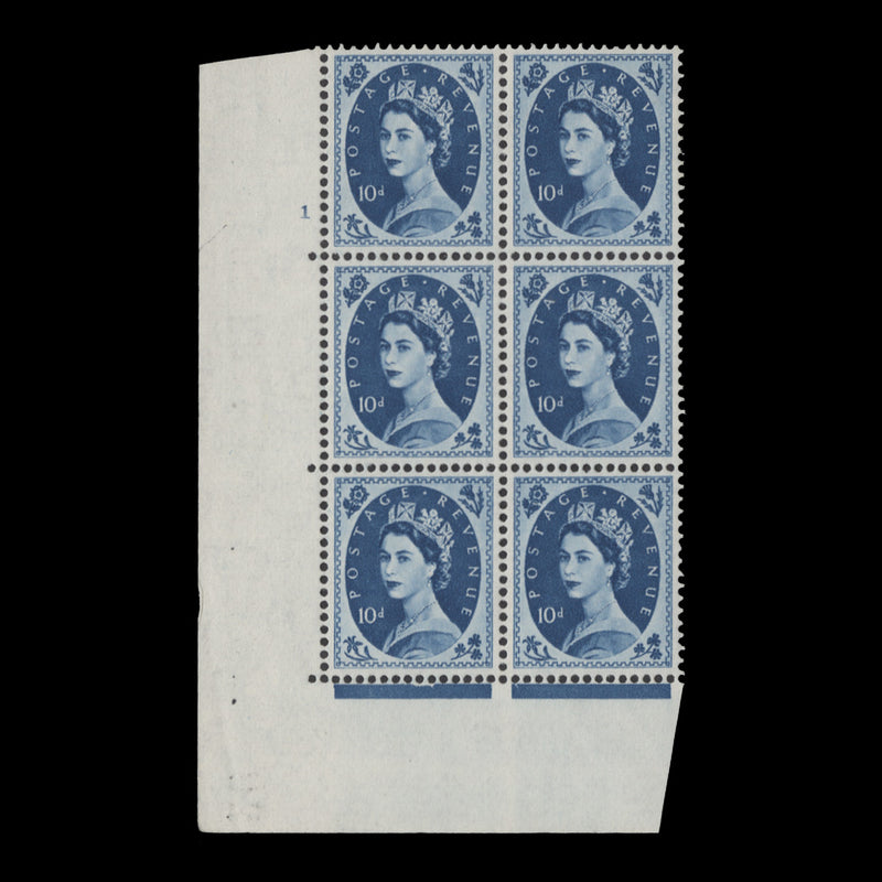 Great Britain 1962 (MNH) 10d Prussian Blue cylinder 1 block, multiple crowns