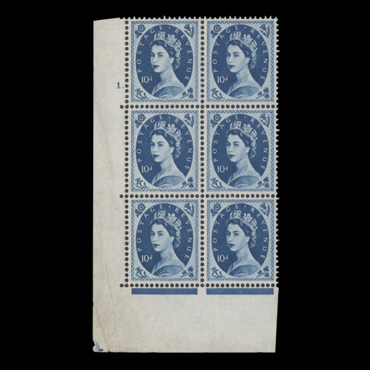 Great Britain 1962 (MNH) 10d Prussian Blue cylinder 1. block, multiple crowns