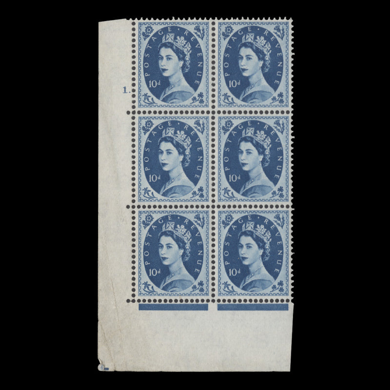 Great Britain 1962 (MNH) 10d Prussian Blue cylinder 1. block, multiple crowns
