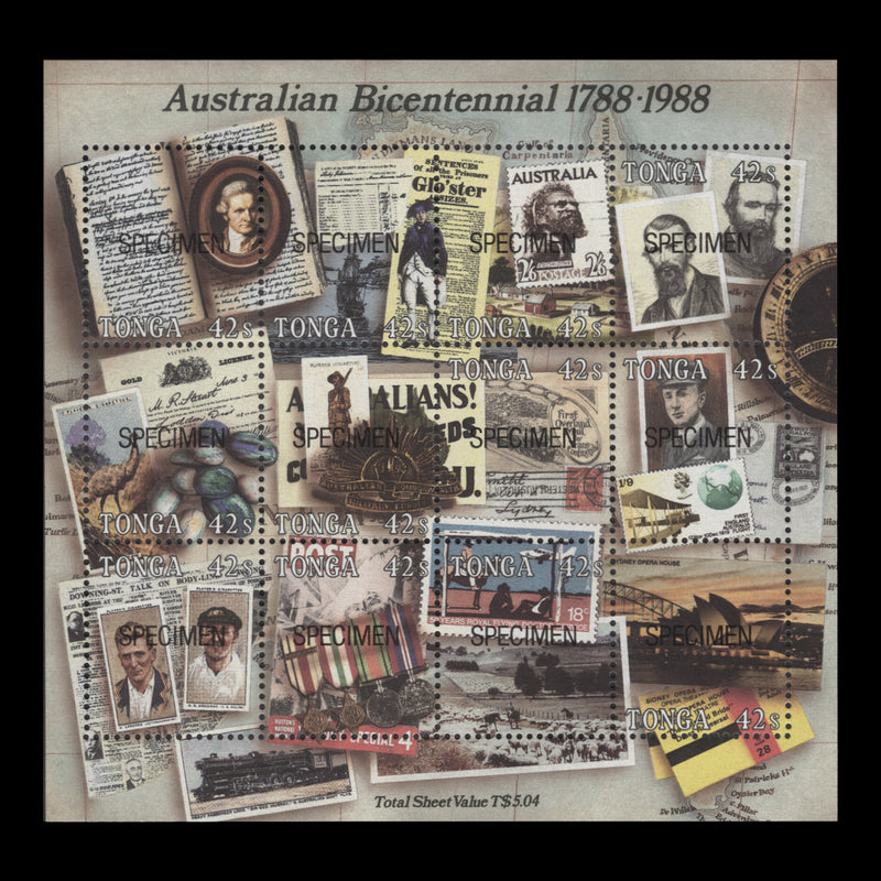 Tonga 1988 (MNH) Australian Bicentennial SPECIMEN miniature sheet