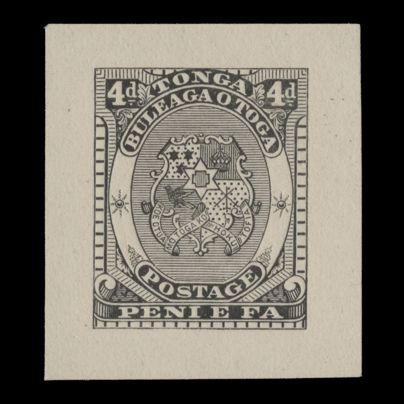 Tonga 1892 (Proof) 4d Arms of Tonga imperf single in black