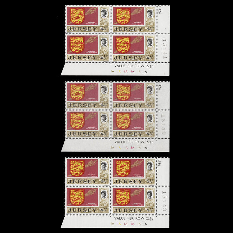 Jersey 1974 (Variety) 4½p Arms & Royal Mace plate block on uncoated paper