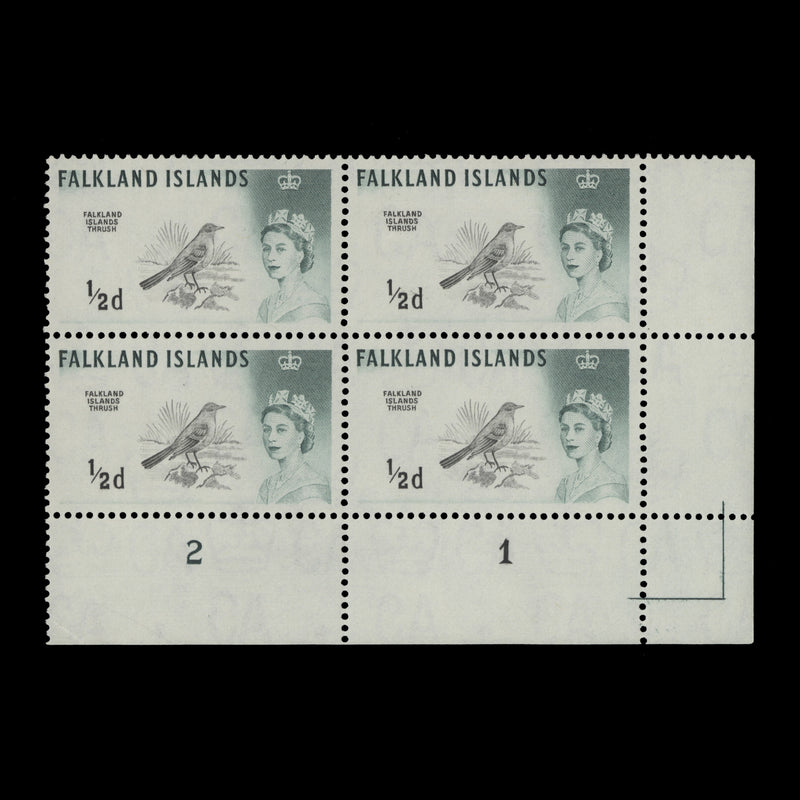Falkland Islands 1964 (MNH) ½d Austral Thrush plate 2–1 block, DLR