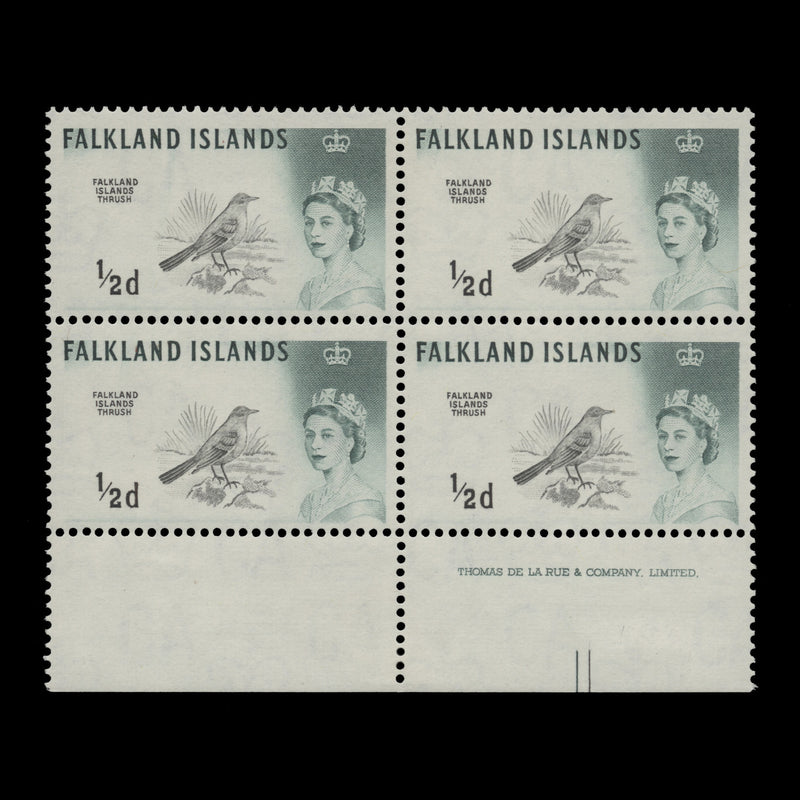 Falkland Islands 1964 (MLH) ½d Austral Thrush imprint block, DLR