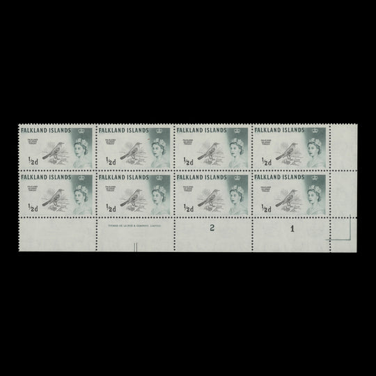 Falkland Islands 1964 (MLH) ½d Austral Thrush imprint/plate 2–1 block, DLR