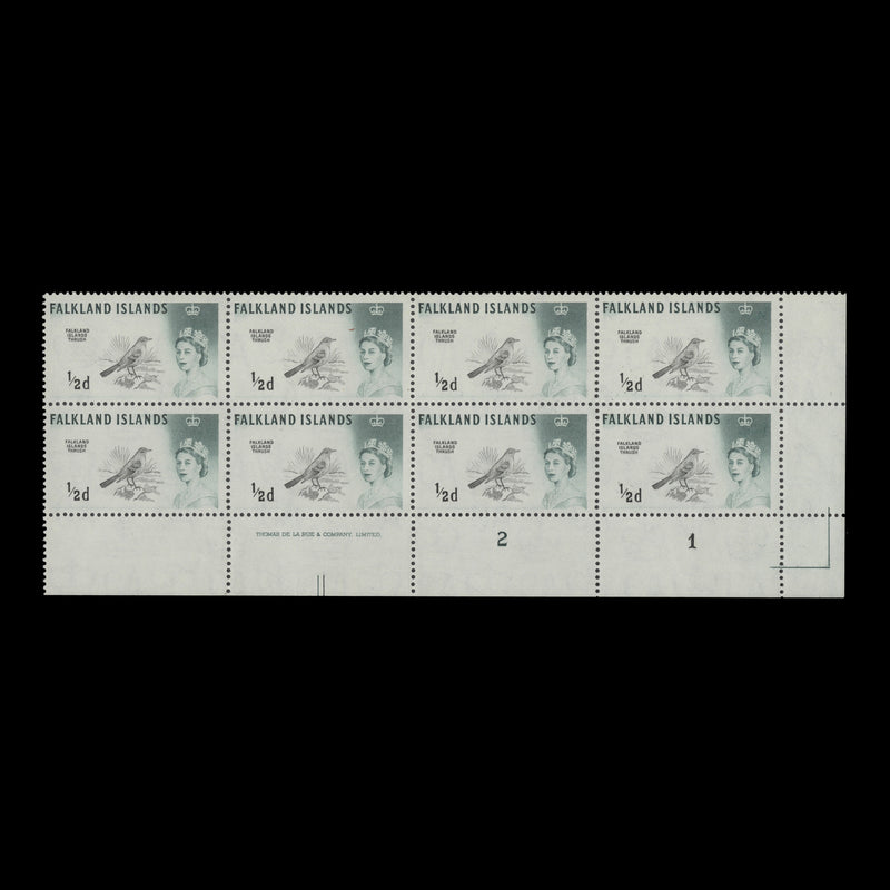 Falkland Islands 1964 (MLH) ½d Austral Thrush imprint/plate 2–1 block, DLR