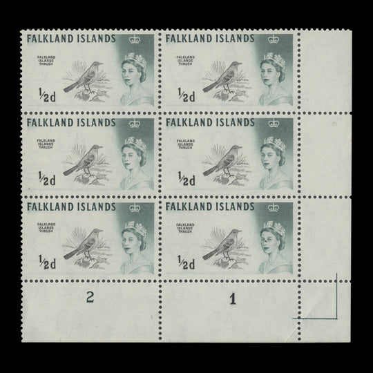 Falkland Islands 1964 (MNH) ½d Austral Thrush plate 2–1 block, DLR
