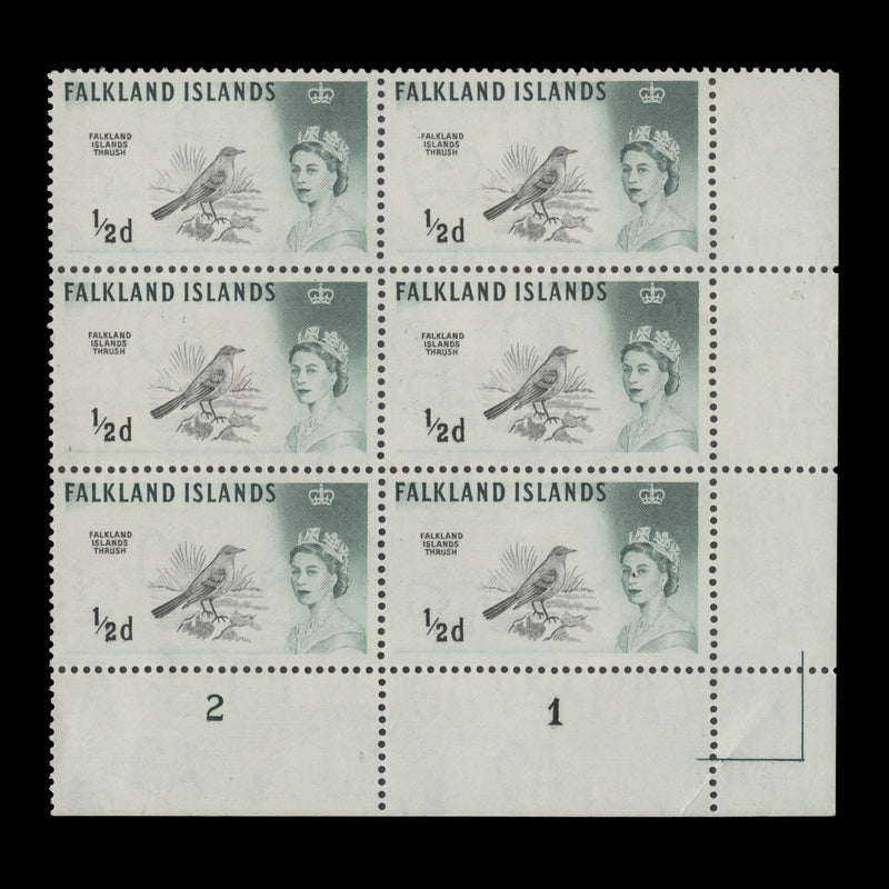 Falkland Islands 1964 (MNH) ½d Austral Thrush plate 2–1 block, DLR