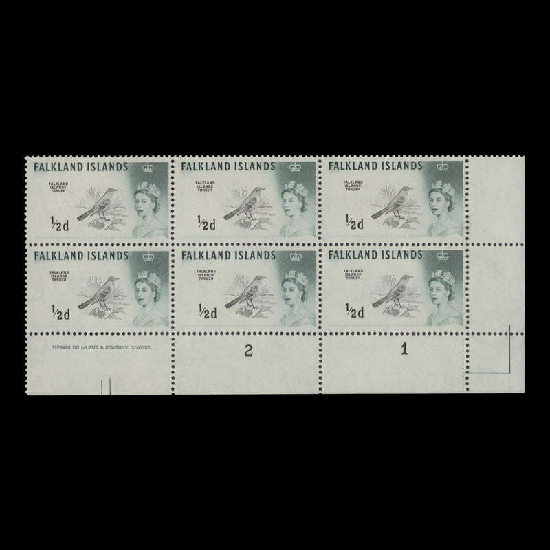 Falkland Islands 1964 (MNH) ½d Austral Thrush imprint/plate 2–1 block, DLR