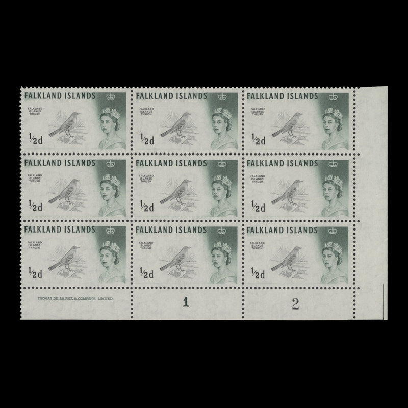 Falkland Islands 1968 (MNH) ½d Austral Thrush imprint/plate 1–2 block, DLR