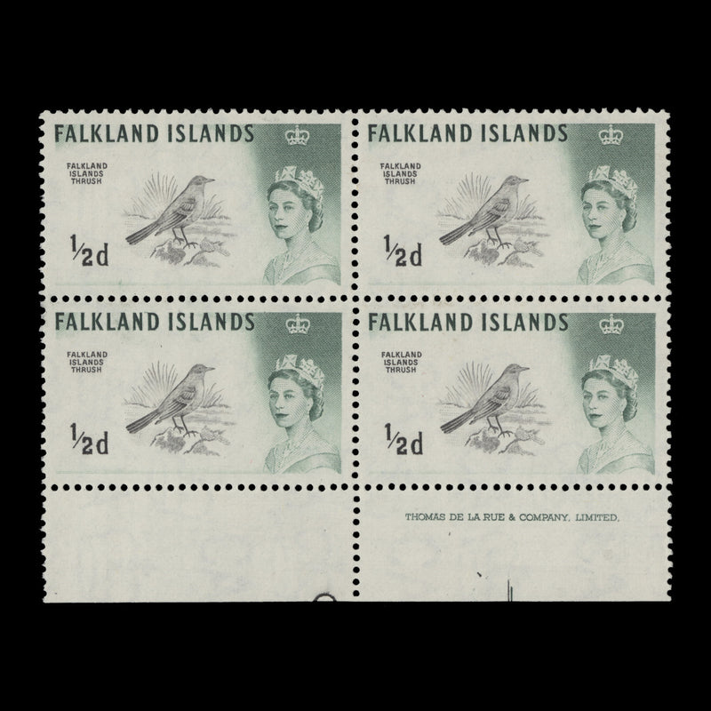 Falkland Islands 1966 (MNH) ½d Austral Thrush imprint block with plate repair