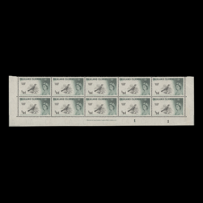 Falkland Islands 1960 (MNH) ½d Austral Thrush imprint/plate 1–1 block, Waterlow