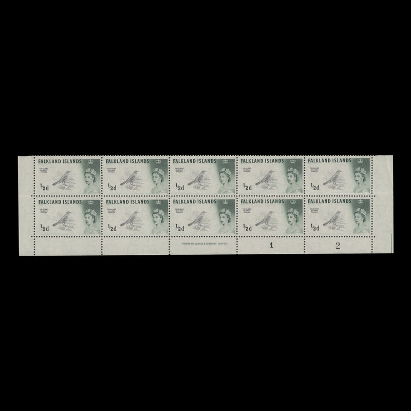 Falkland Islands 1968 (MNH) ½d Austral Thrush imprint/plate 1–2 block, DLR