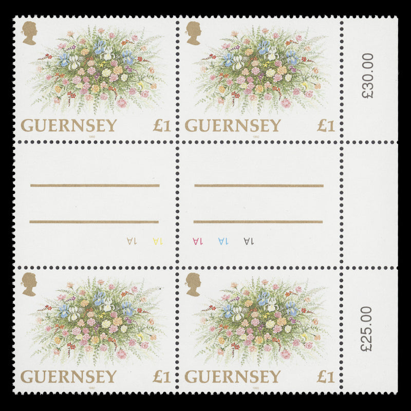 Guernsey 1992 (MNH) £1 Floral Arrangement gutter plate block