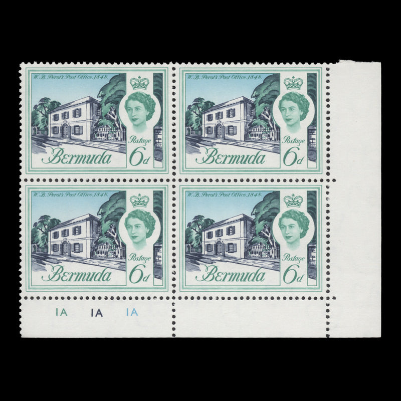 Bermuda 1962 (MNH) 6d Perot's Post Office plate 1A–1A–1A block