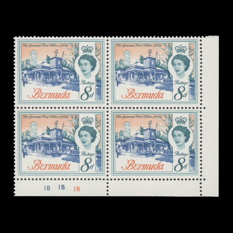 Bermuda 1967 (MNH) 8d General Post Office plate 1B–1B–1B block