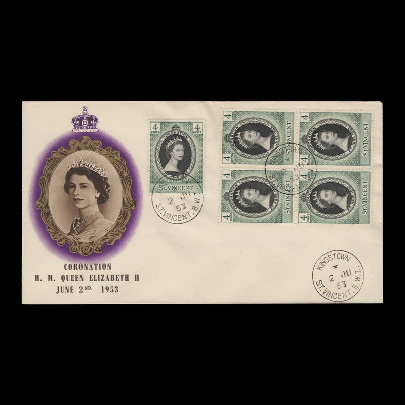 Saint Vincent 1953 (FDC) 4c Coronation block and single, KINGSTOWN