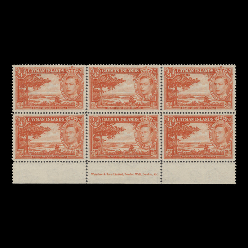 Cayman Islands 1943 (MLH) ¼d Beach View imprint block, perf 13½ x 12½