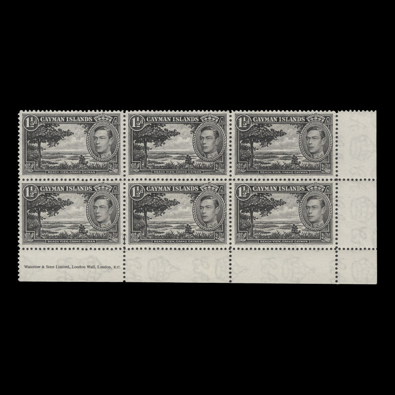 Cayman Islands 1938 (MLH) 1½d Beach Scene imprint block, Waterlow