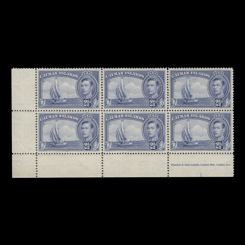Cayman Islands 1938 (MLH) 2½d Schooner imprint block, Waterlow