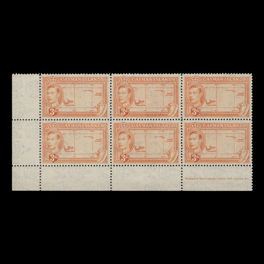 Cayman Islands 1938 (MLH) 3d Map imprint block, Waterlow