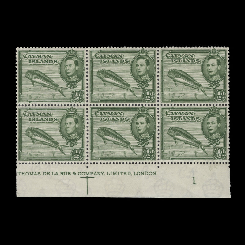 Cayman Islands 1938 (MLH) ½d Dolphinfish imprint/plate block, De La Rue