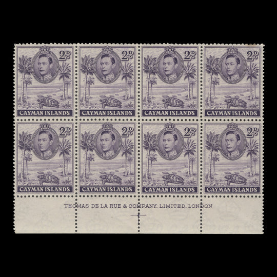 Cayman Islands 1938 (MLH) 2d Hawksbill Turtles imprint block, De La Rue