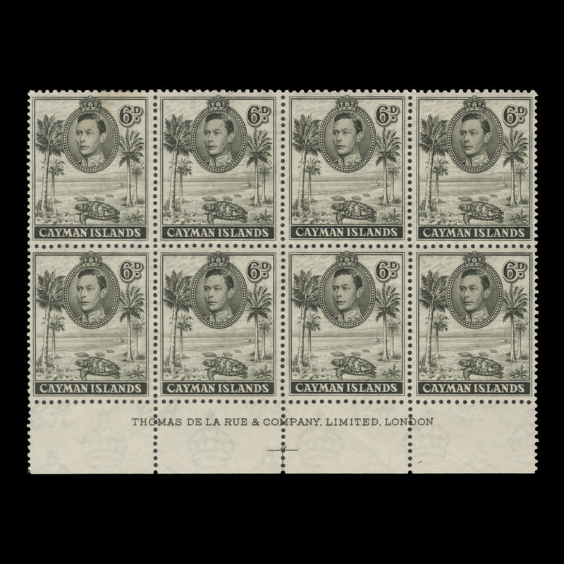 Cayman Islands 1938 (MLH) 6d Hawksbill Turtles imprint block, De La Rue