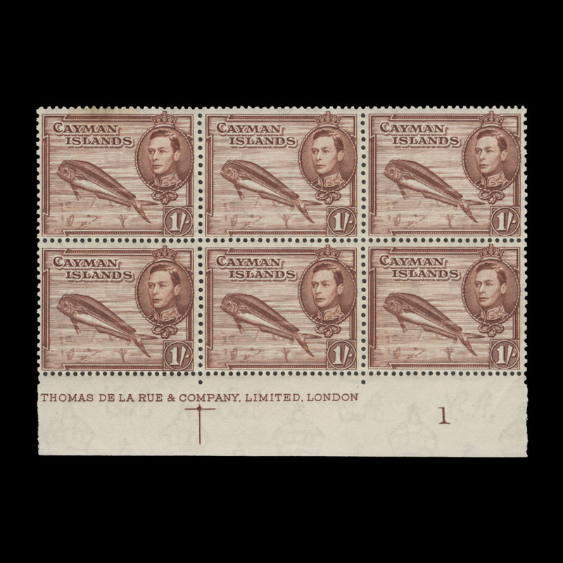 Cayman Islands 1938 (MLH) 1s Dolphinfish imprint/plate block, De La Rue