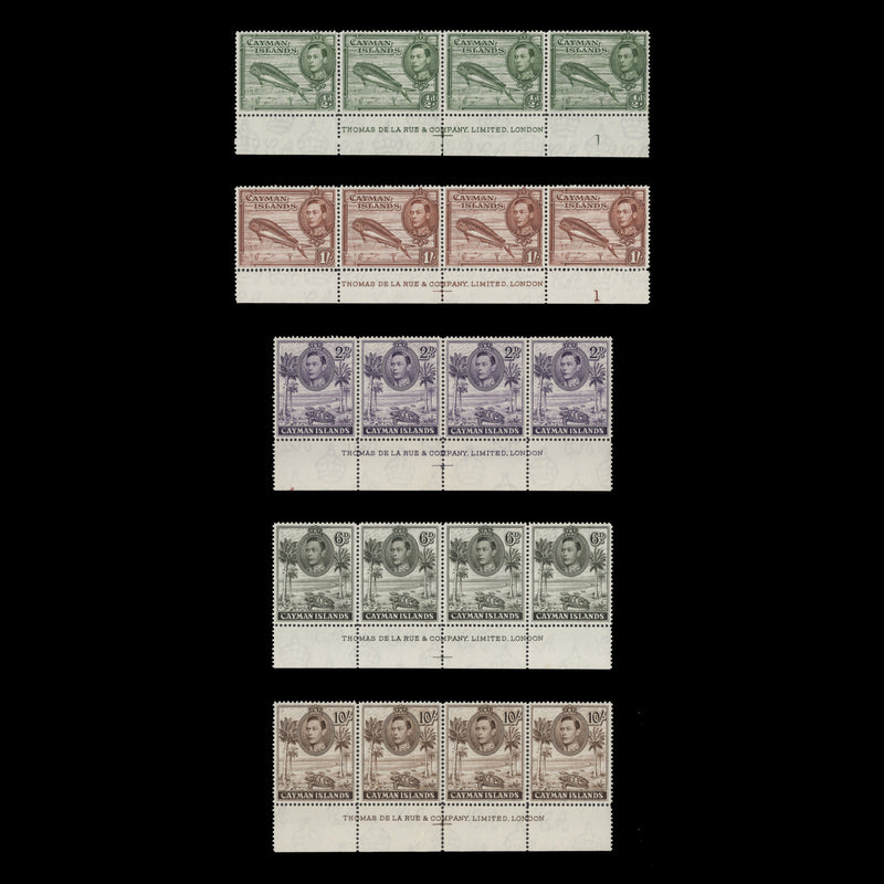 Cayman Islands 1943 (MLH) Definitives imprint strips, perf 14 x 14, De La Rue