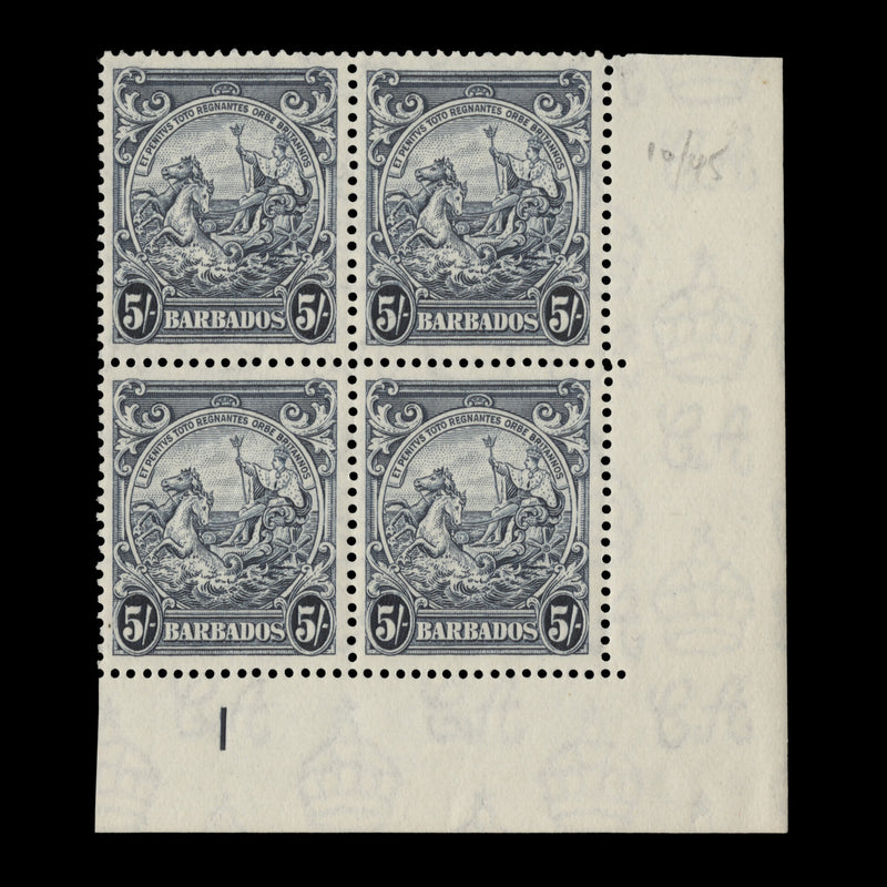 Barbados 1941 (MLH) 5s Greyish Indigo plate block, perf 13½ x 13