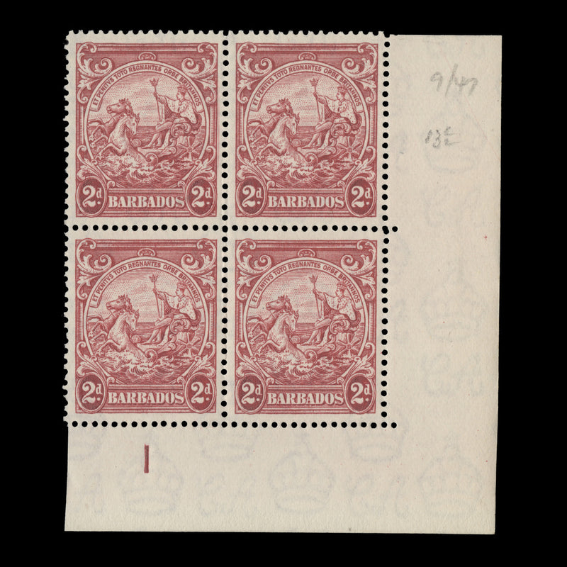 Barbados 1943 (Variety) 2d Carmine plate block with extra frame line, perf 13½ x 13